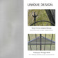 Gray gazebo frame with arrow-shaped finials and triangular storage shelf
