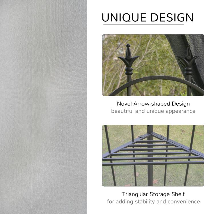 Gray gazebo frame with arrow-shaped finials and triangular storage shelf