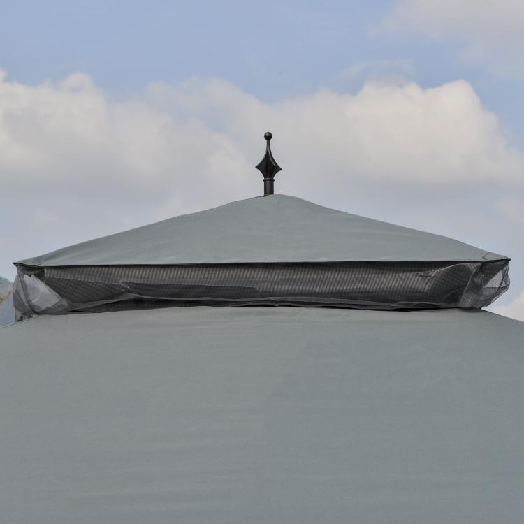 Gray gazebo canopy roof top with covered vent panel and finial ornament