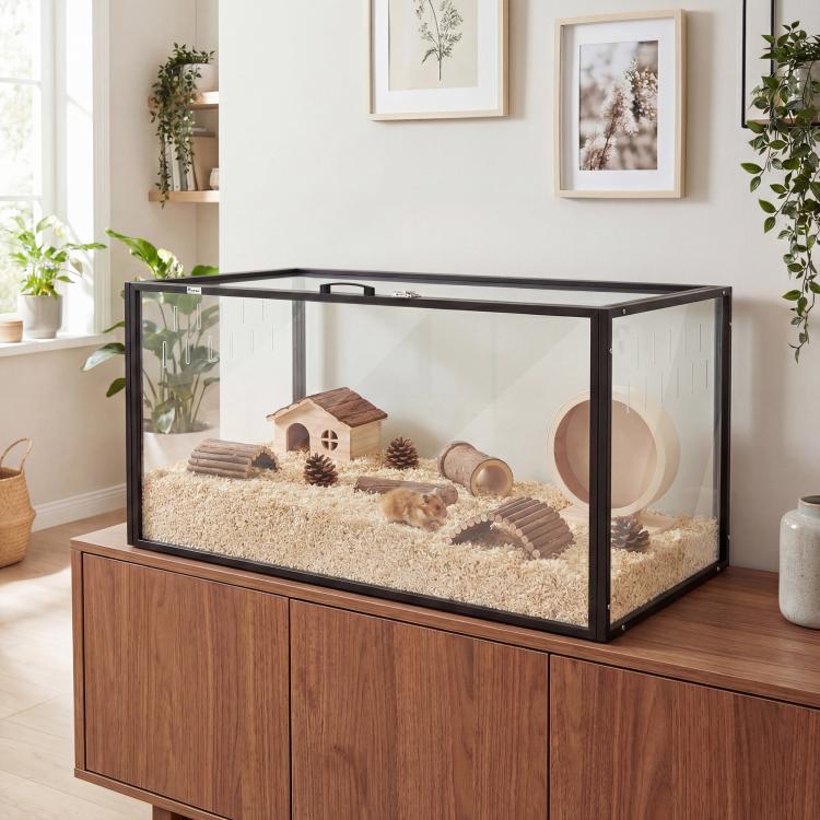 Large acrylic animal cage on wood cabinet with bedding and tunnel hide pieces