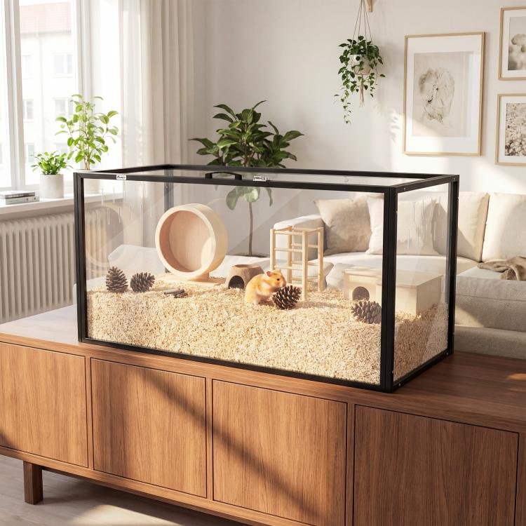 Clear acrylic hamster cage with pine-cone toys, rounded hide, and bedding inside