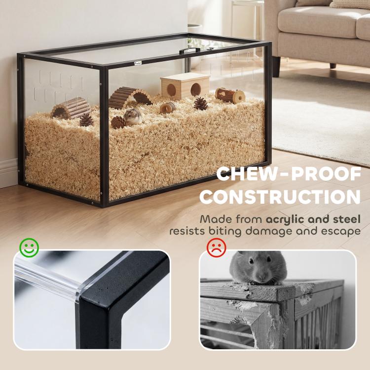 Clear acrylic pet cage with black frame, bedding inside, and chewproof-style panels