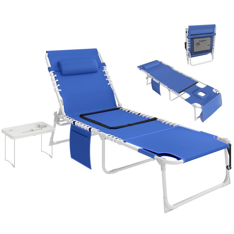 Blue folding tanning lounge chair with face opening and white side tray