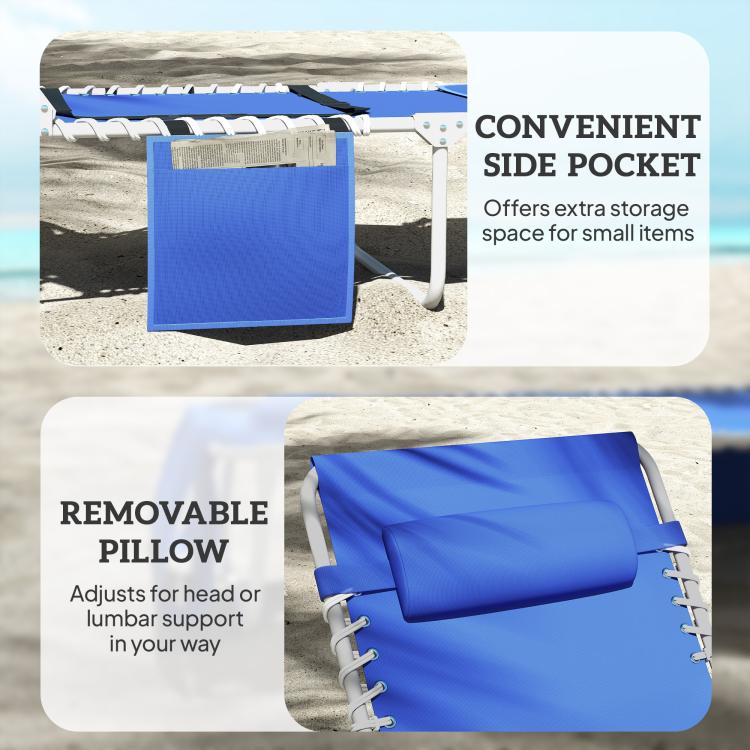Navy folding chaise lounge chair with removable blue pillow and side storage pocket