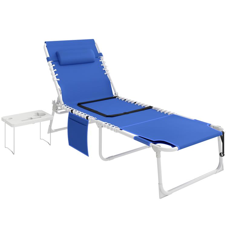 Navy outdoor folding tanning chaise lounge chair with white frame and adjustable positions