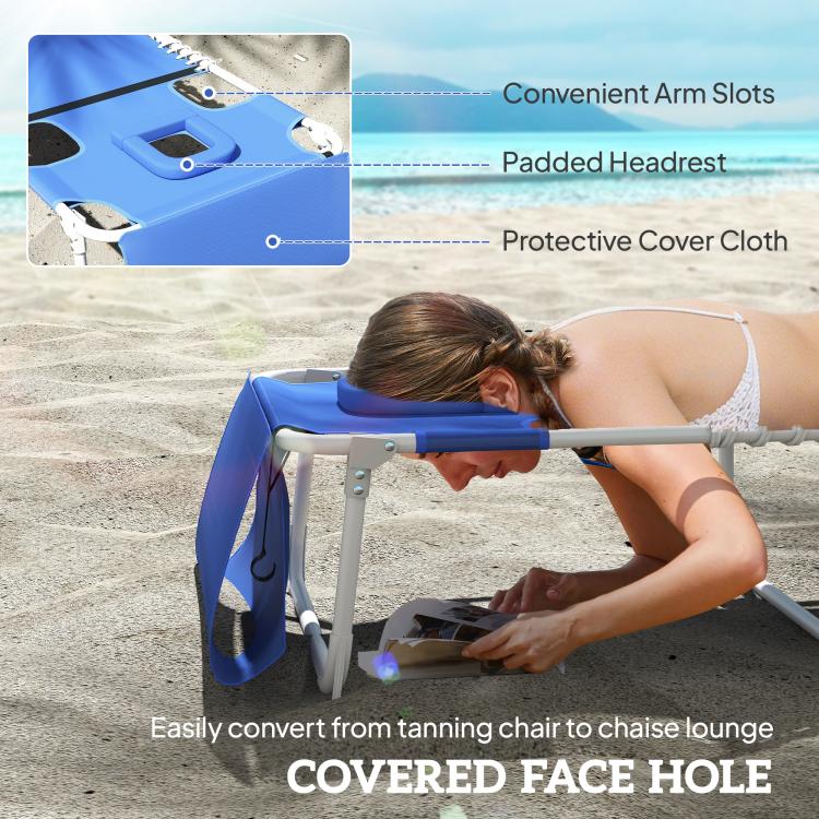 Blue tanning chair close-up with covered face hole and padded headrest