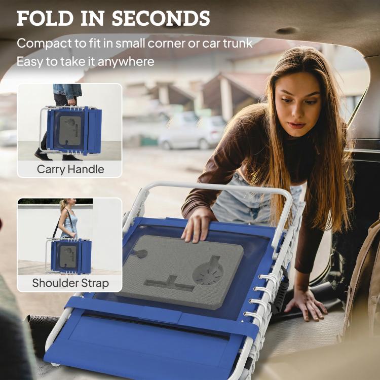 Folded blue folding tanning chair with carry handle for compact storage