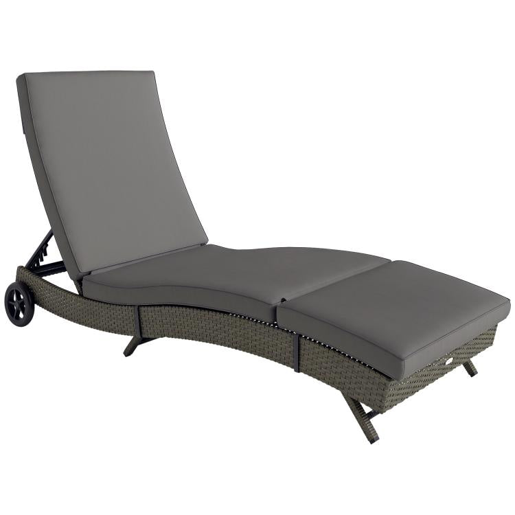 Gray outdoor chaise lounge chair with adjustable backrest and two wheels