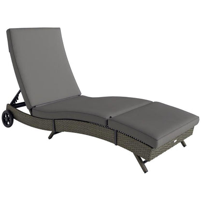 Gray outdoor chaise lounge chair with adjustable backrest and two wheels