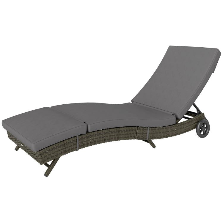 Gray adjustable chaise lounge chair with padded seat, backrest, and wheel base