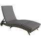Gray cushioned outdoor chaise lounge with adjustable backrest, woven base and wheels