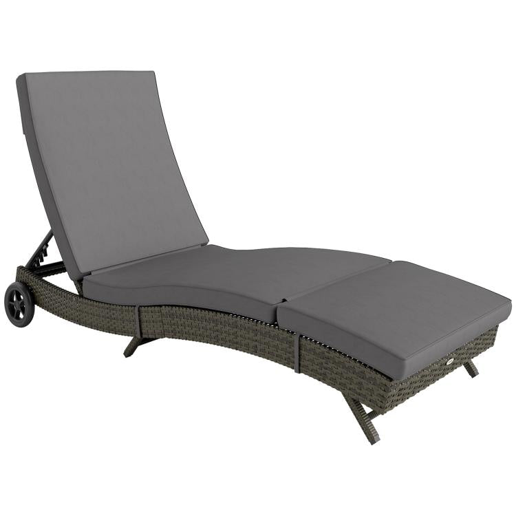 Gray cushioned outdoor chaise lounge with adjustable backrest, woven base and wheels