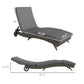 Gray adjustable chaise lounge chair with padded cushions and wheel design (side view)