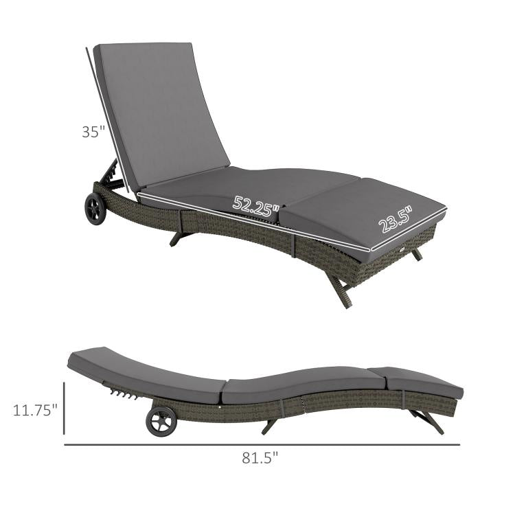 Gray adjustable chaise lounge chair with padded cushions and wheel design (side view)
