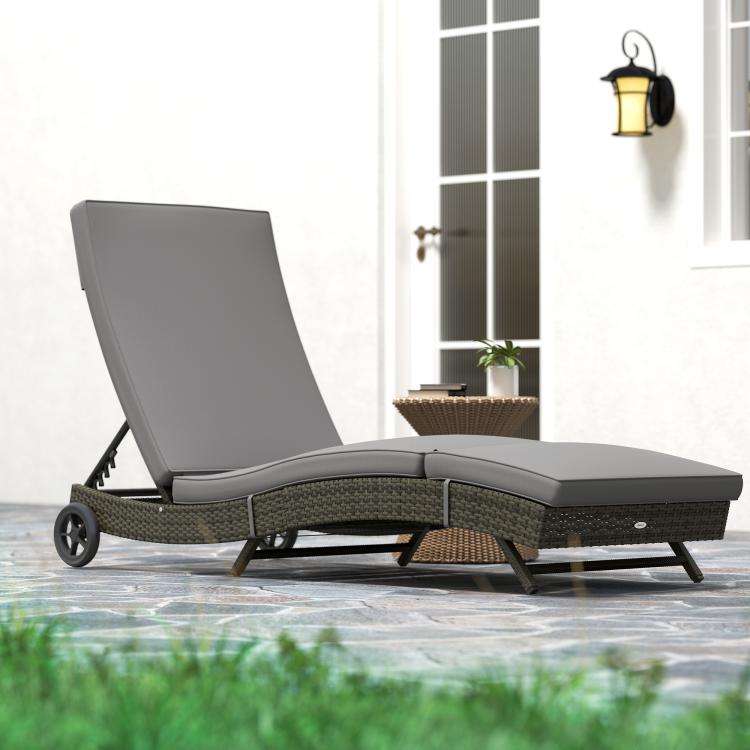 Gray outdoor chaise lounge chair with adjustable backrest, padded cushions, and wheels
