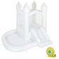 White inflatable castle bounce house with slide, towers, and yellow air blower