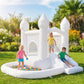 Outdoor white inflatable castle bounce house with slide, ball pit, and kids playing