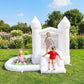 White inflatable castle bounce house with enclosed ramp and ball pit; kids playing