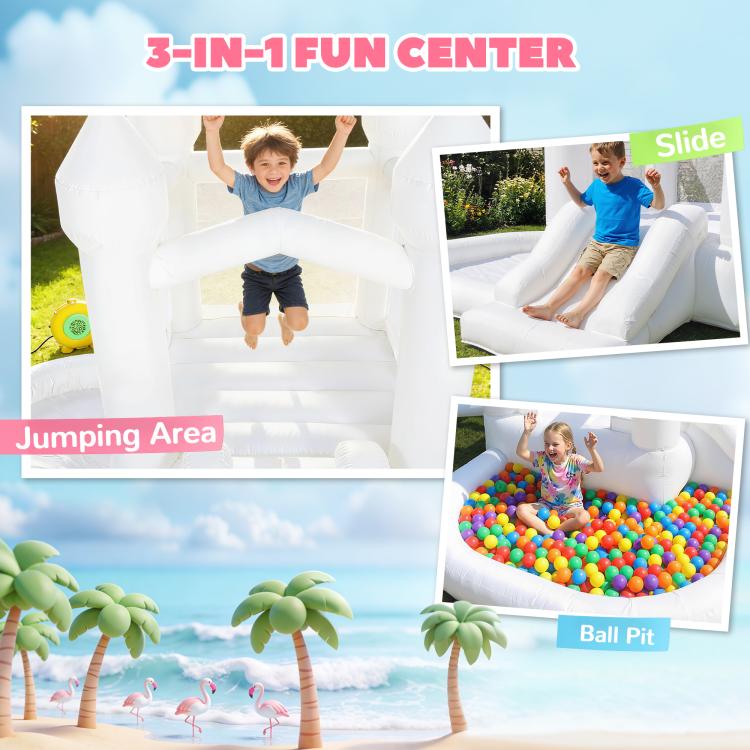 White 3-in-1 inflatable bounce center showing jumping area, slide, and ball pit