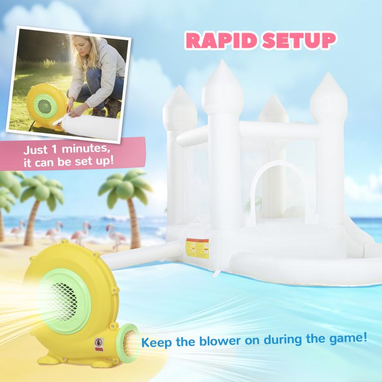 White inflatable castle bounce house setup with yellow blower unit for inflation