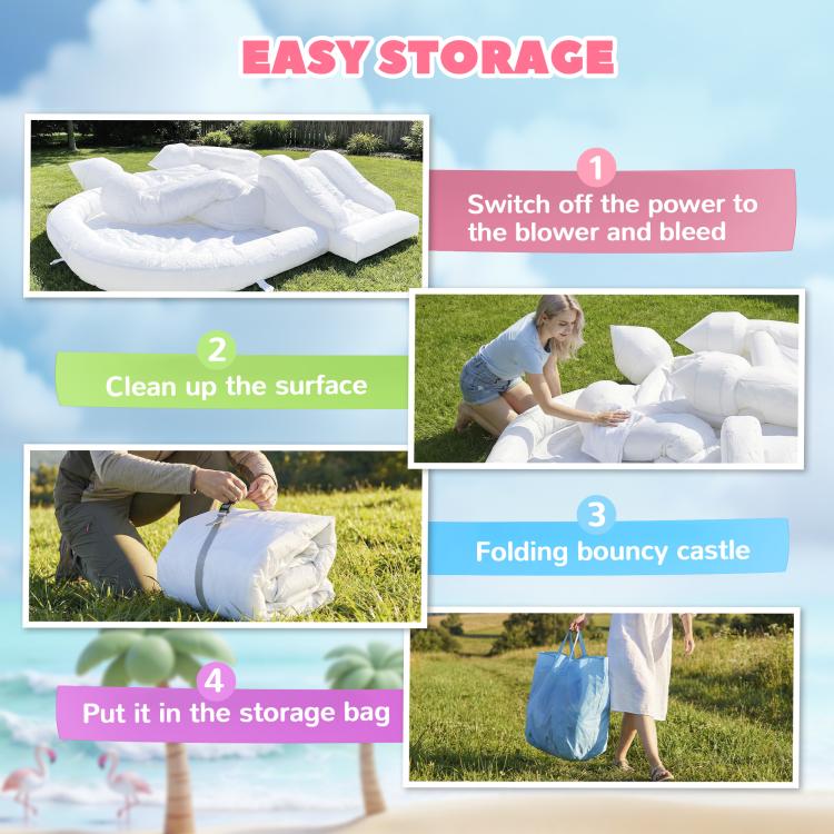 White inflatable castle bounce house folded for storage