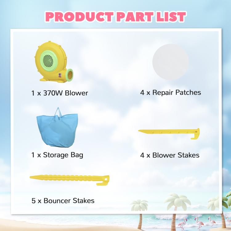 Bounce house kit parts: 370W blower, repair patches, stakes, and storage bag