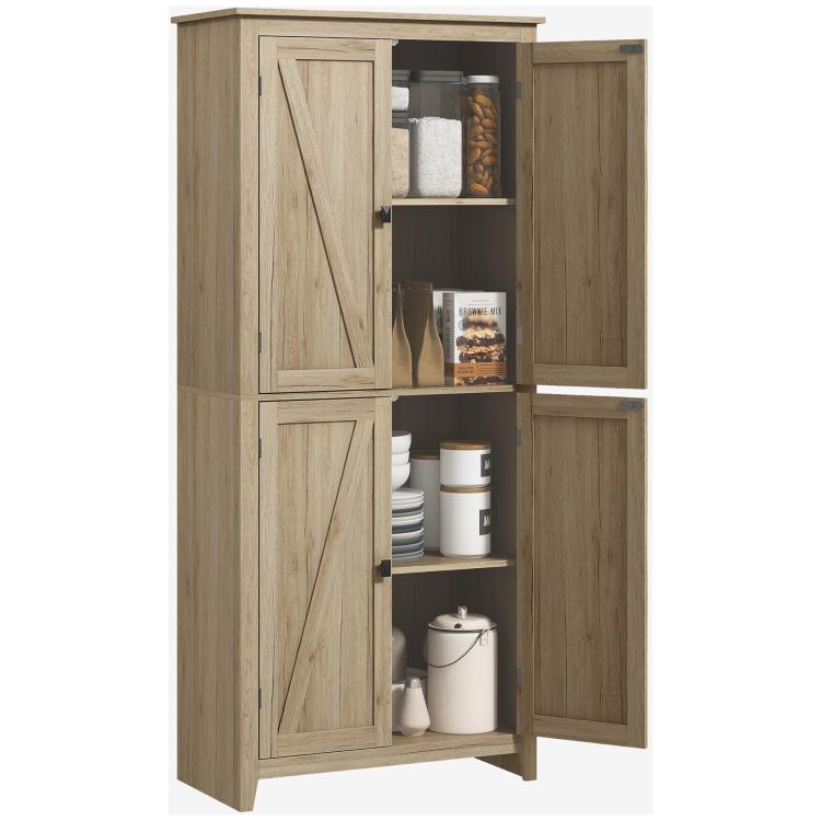 Natural wood freestanding pantry cabinet with 4 doors, open shelves inside