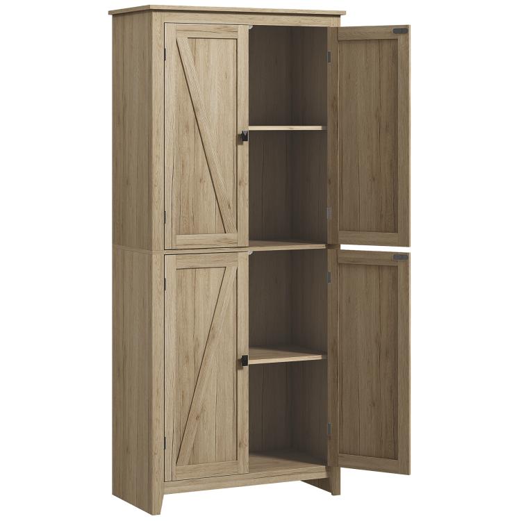 Natural wood pantry cabinet with four doors and adjustable shelves, open