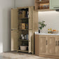 Natural wood tall pantry cabinet with two doors open, farmhouse-style storage compartments