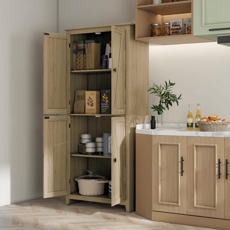 Natural wood tall pantry cabinet with two doors open, farmhouse-style storage compartments