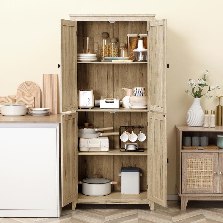 Natural wood pantry cabinet with double doors open, organized shelves and dish storage