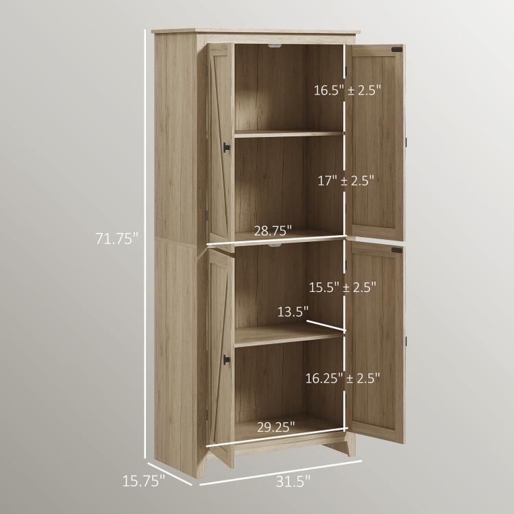 Natural wood freestanding pantry cabinet showing door openings and interior shelf layout