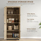 Natural wood tall storage cabinet with 4 doors open to show multi-level shelving
