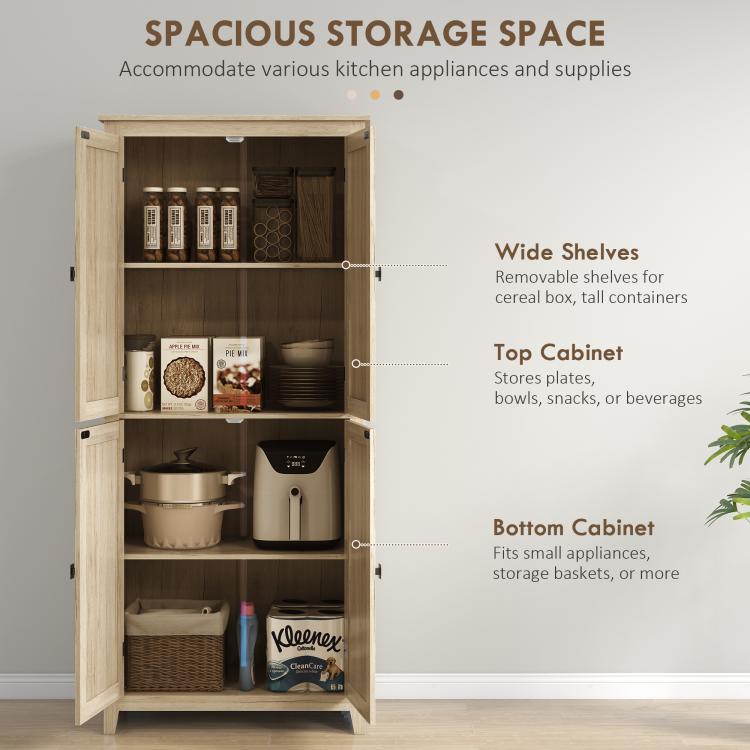 Natural wood tall storage cabinet with 4 doors open to show multi-level shelving
