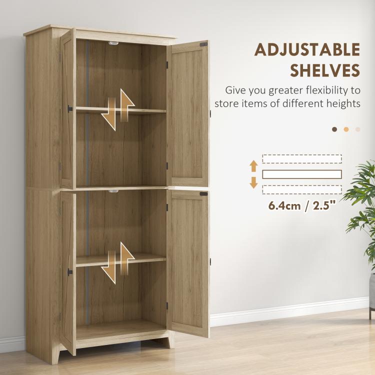 Natural wood pantry cabinet with adjustable shelves, doors open to reveal interior