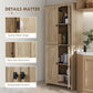 Natural wood pantry cabinet details: metal hinges, barn door panel, black accents