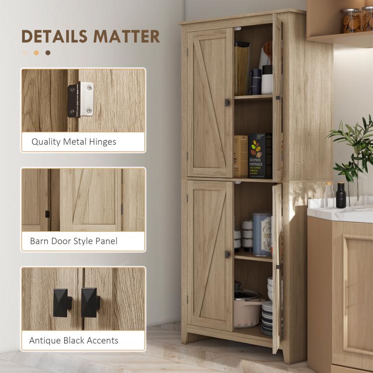 Natural wood pantry cabinet details: metal hinges, barn door panel, black accents