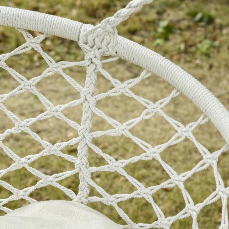 White macrame hammock chair seat with woven rope net and soft cushion edge
