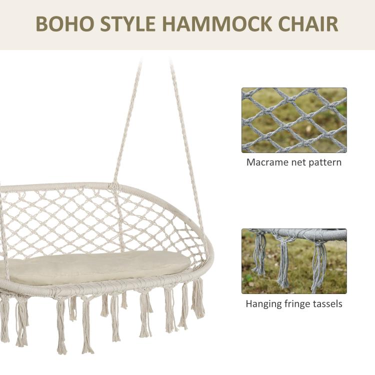 Boho macrame hammock chair with round net, cream cushion, and dangling rope fringe