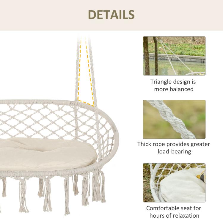 Macrame hammock chair detail view with cream cushion and thick hanging rope