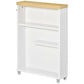White slim bathroom cabinet with wood top, open shelves, and lower cabinet on wheels