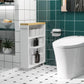 White slim bathroom cabinet with wood top and open side shelves for towels and soap