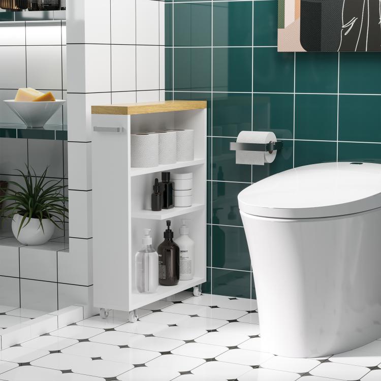 White slim bathroom cabinet with wood top and open side shelves for towels and soap