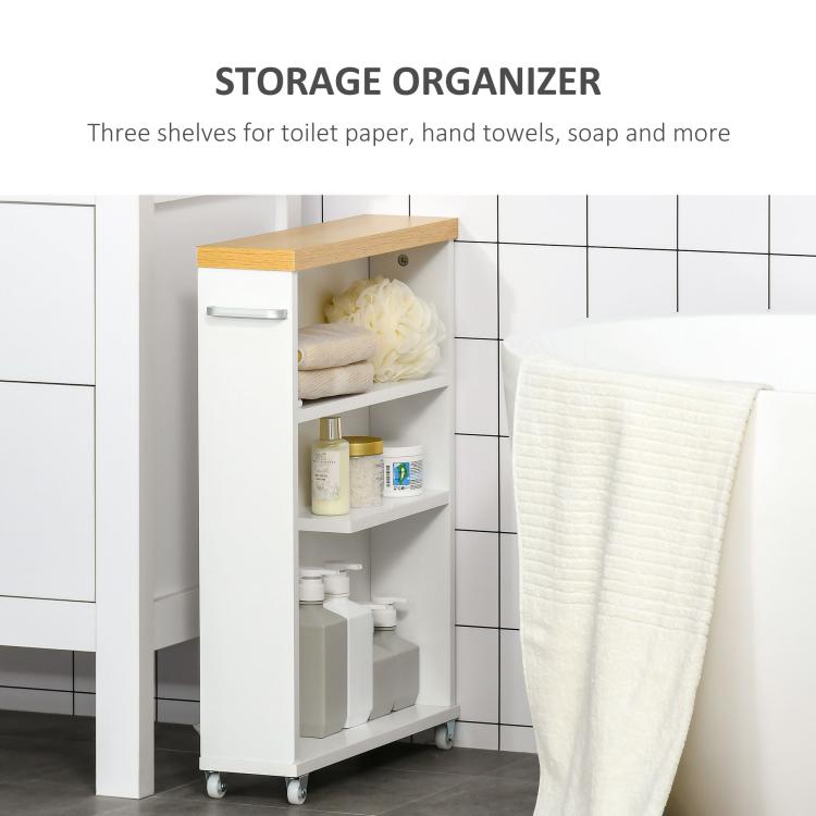 White slim bathroom cabinet with wood top and three open shelves for toiletries