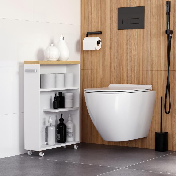 White slim bathroom cabinet on wheels with wood top and open shelves for toiletries