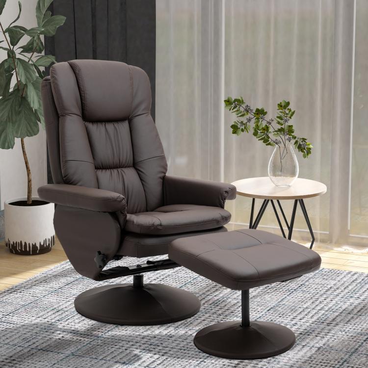 Dark brown recliner chair with matching ottoman and round pedestal base, front view