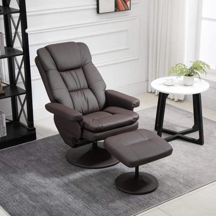 Dark brown recliner chair with ottoman and round base, in a living room