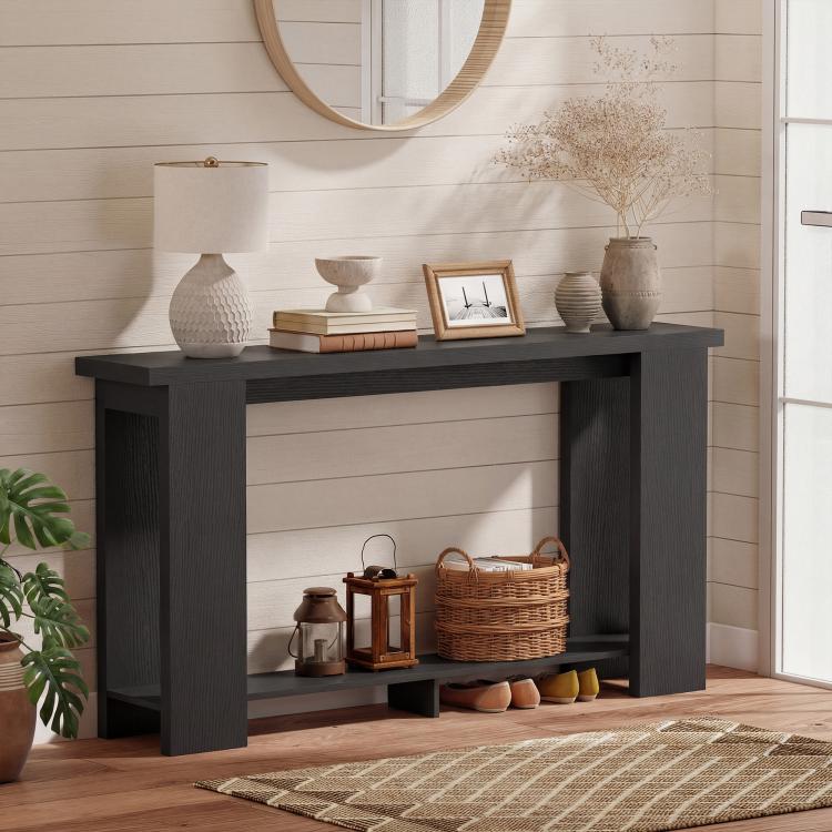 Farmhouse distressed black console table with thick top and lower open shelf