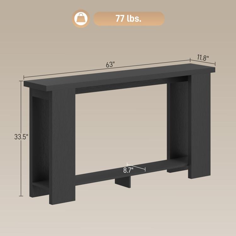 Distressed black 63-inch console table dimensions view, open shelves and thick top
