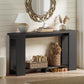 Distressed black narrow console table with thick top and open shelving for baskets
